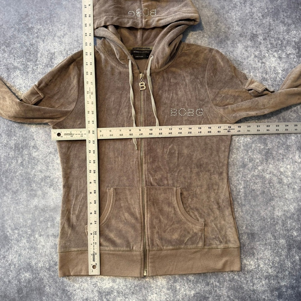 Y2K BCBG Max Azria Womens Velour Full Zip Hoodie Brown Rhinestone Logo Size M - Picture 4 of 6